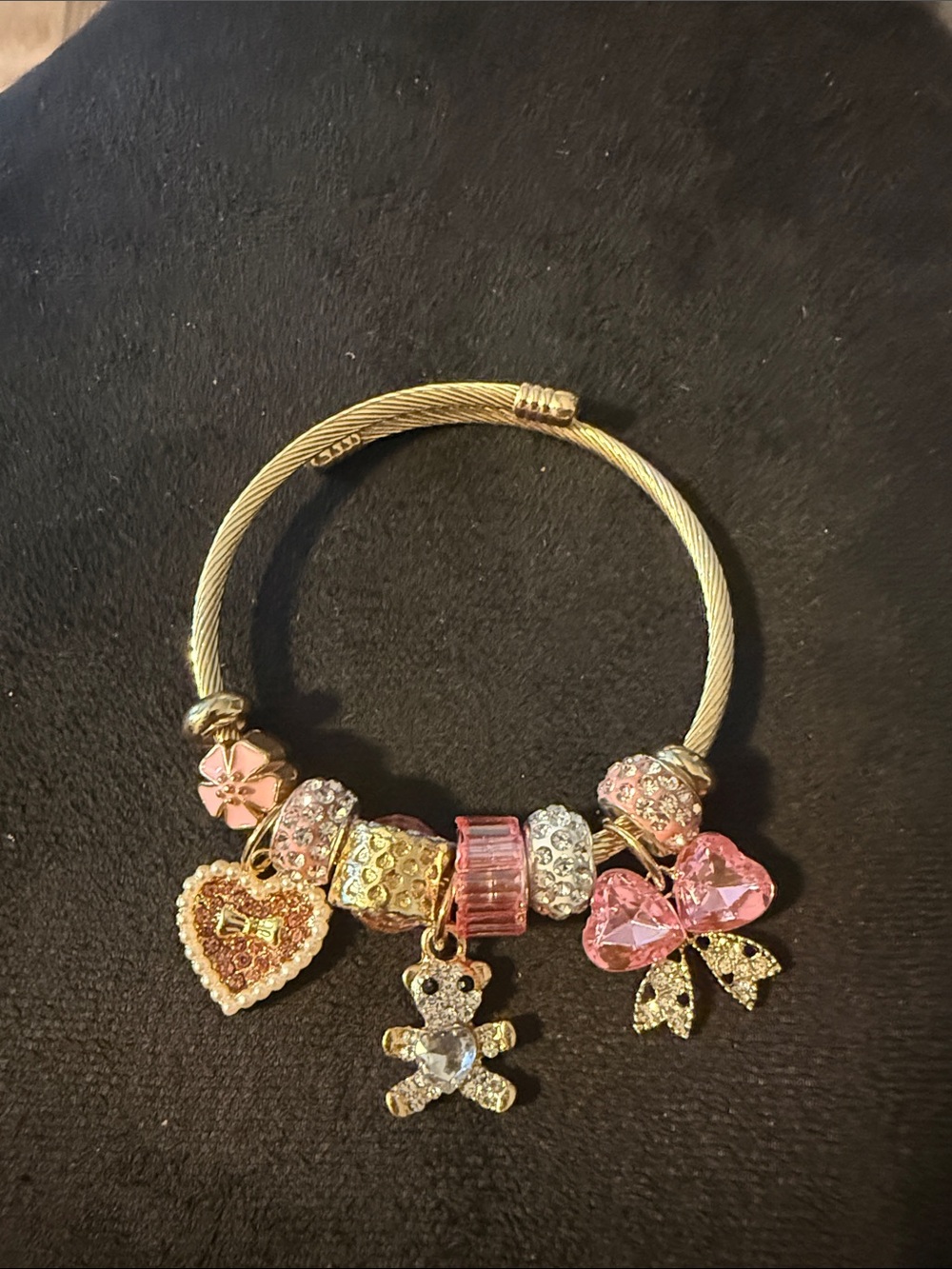 Delicate Pink Charm Teddy Bear Heart Bow Bracelet with Gold Accents